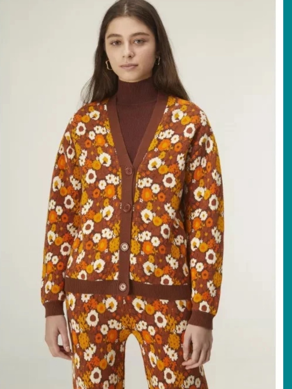 Floral Knit V-Neck Cardigan in Brown and Orange
